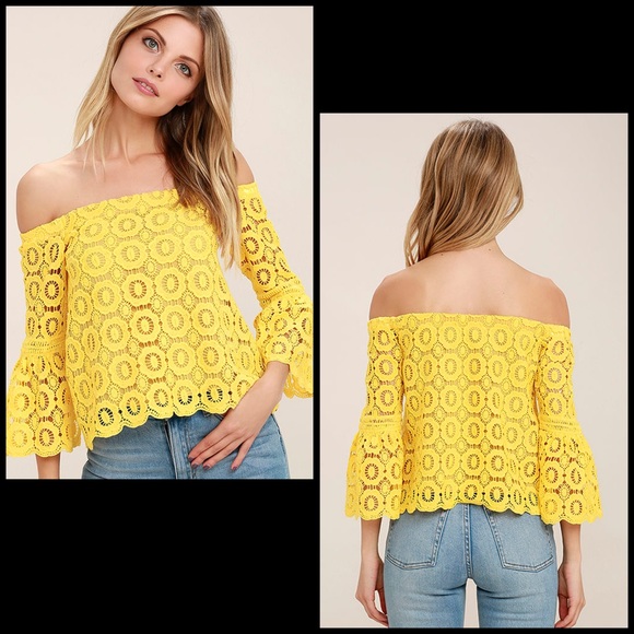 Lulu’s Yellow Crochet Lace Off Shoulder Blouse Top - Picture 2 of 16